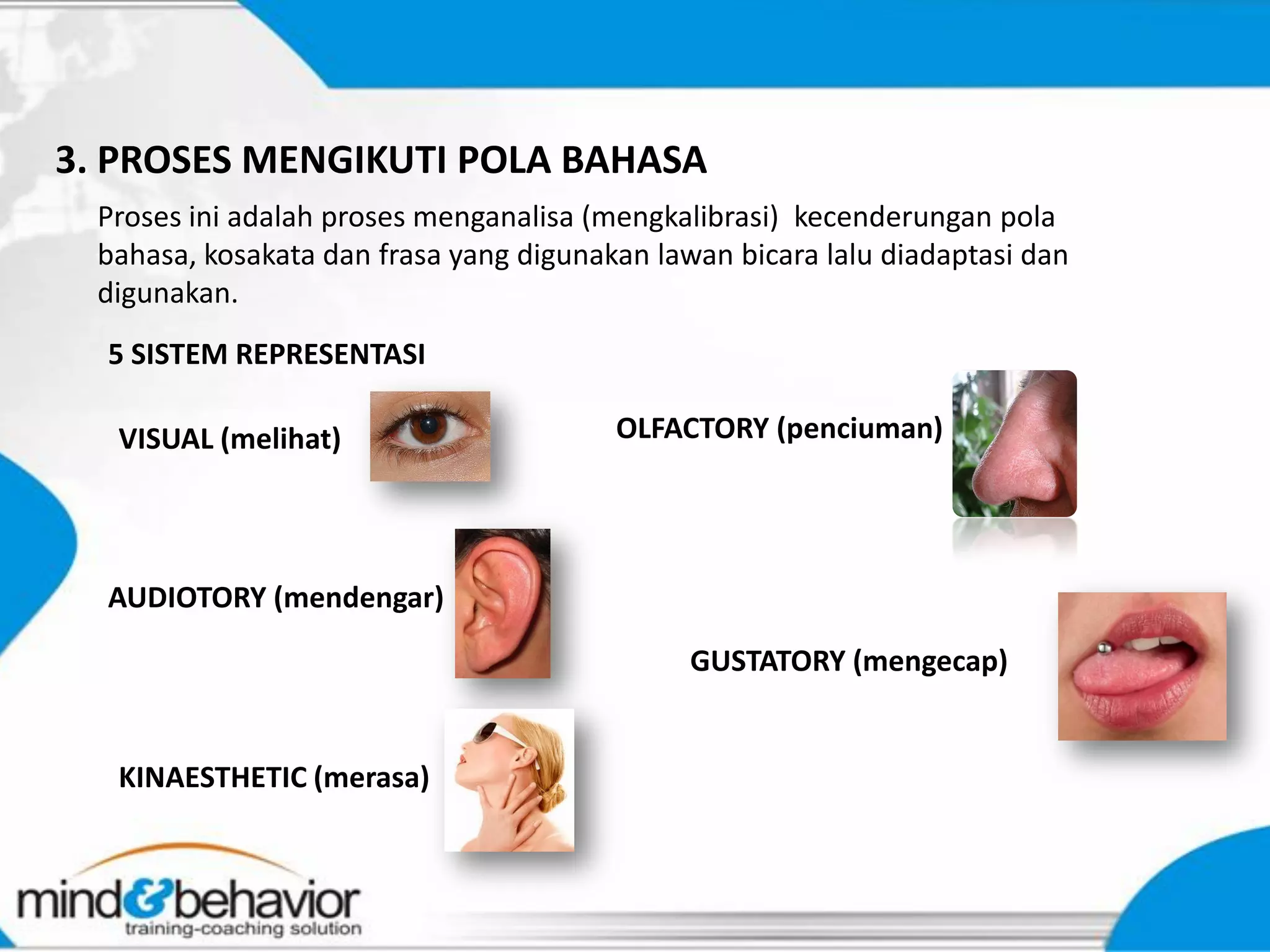 3. PROSES MENGIKUTI POLA BAHASA
  Proses ini adalah proses menganalisa (mengkalibrasi) kecenderungan pola
  bahasa, kosakata dan frasa yang digunakan lawan bicara lalu diadaptasi dan
  digunakan.
  5 SISTEM REPRESENTASI

   VISUAL (melihat)                      OLFACTORY (penciuman)




  AUDIOTORY (mendengar)

                                               GUSTATORY (mengecap)


   KINAESTHETIC (merasa)
 