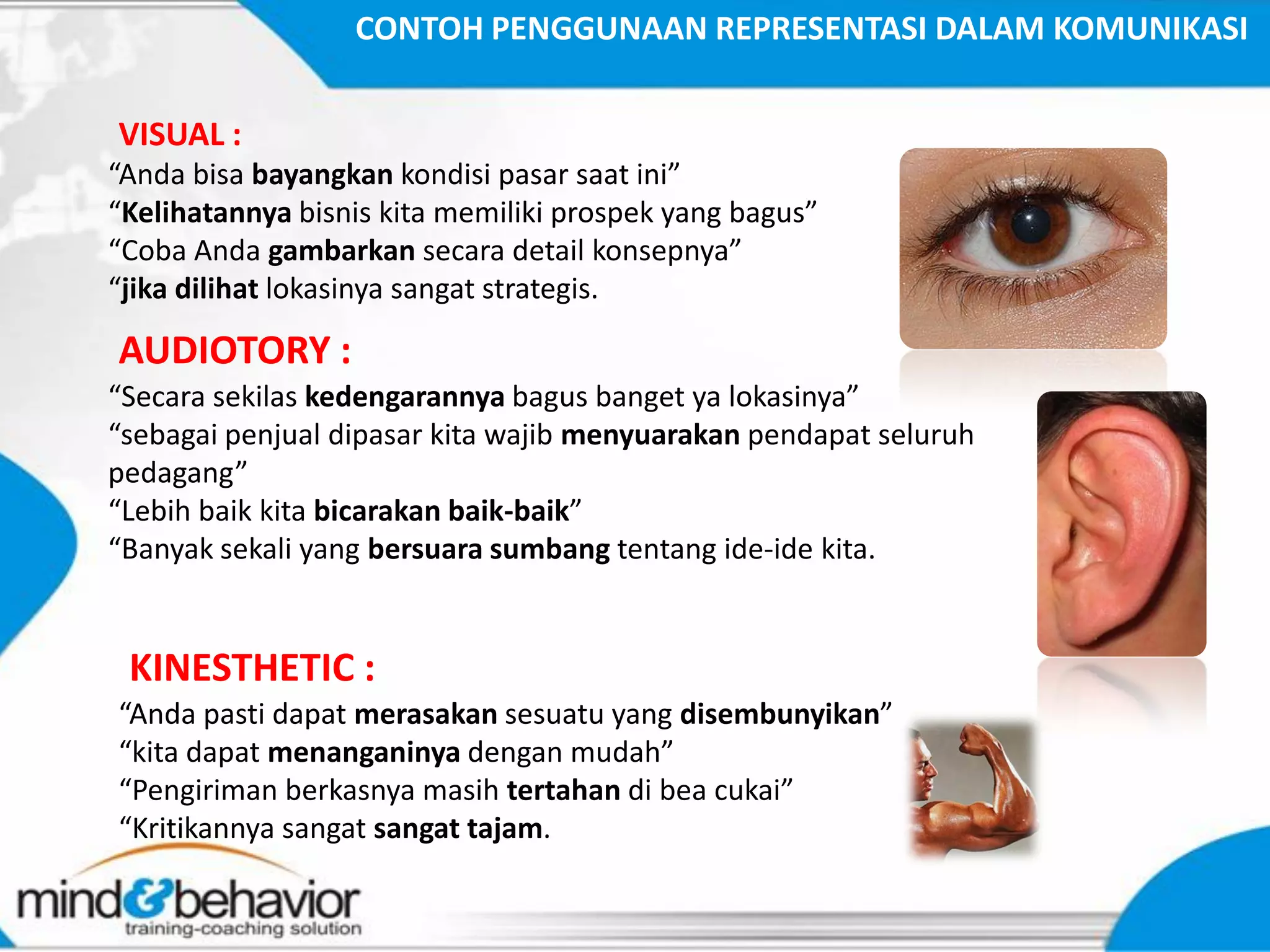 CONTOH PENGGUNAAN REPRESENTASI DALAM KOMUNIKASI

VISUAL :
“Anda bisa bayangkan kondisi pasar saat ini”
“Kelihatannya bisnis kita memiliki prospek yang bagus”
“Coba Anda gambarkan secara detail konsepnya”
“jika dilihat lokasinya sangat strategis.

AUDIOTORY :
“Secara sekilas kedengarannya bagus banget ya lokasinya”
“sebagai penjual dipasar kita wajib menyuarakan pendapat seluruh
pedagang”
“Lebih baik kita bicarakan baik-baik”
“Banyak sekali yang bersuara sumbang tentang ide-ide kita.


 KINESTHETIC :
“Anda pasti dapat merasakan sesuatu yang disembunyikan”
“kita dapat menanganinya dengan mudah”
“Pengiriman berkasnya masih tertahan di bea cukai”
“Kritikannya sangat sangat tajam.
 