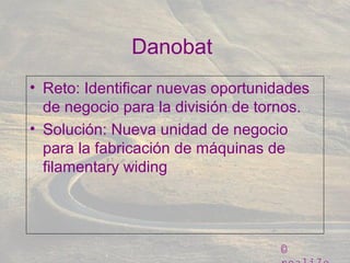 ©
Danobat
• Reto: Identificar nuevas oportunidades
de negocio para la división de tornos.
• Solución: Nueva unidad de negocio
para la fabricación de máquinas de
filamentary widing
 