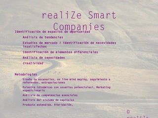 ©
realiZe Smart
CompaniesIdentificación de espacios de oportunidad
Análisis de tendencias
Estudios de mercado / identificación de necesidades
insatisfechas
Identificación de elementos diferenciales
Análisis de capacidades
Creatividad
Metodologías
Diseño de escenarios, on line mind maping, seguimiento a
referentes, extrapolaciones
Palestra (dinámicas con usuarios potenciales), Marketing
expedicionario
Análisis de competencias esenciales
Análisis del sistema de capitales
Producto extendido, Hibridación,
 