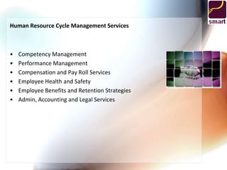 Human Resource Cycle Management Services



•   Competency Management
•   Performance Management
•   Compensation and Pay Roll Services
•   Employee Health and Safety
•   Employee Benefits and Retention Strategies
•   Admin, Accounting and Legal Services
 