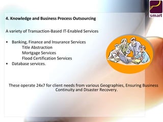 4. Knowledge and Business Process Outsourcing

A variety of Transaction-Based IT-Enabled Services

• Banking, Finance and Insurance Services
       Title Abstraction
       Mortgage Services
       Flood Certification Services
• Database services.



 These operate 24x7 for client needs from various Geographies, Ensuring Business
                          Continuity and Disaster Recovery.
 