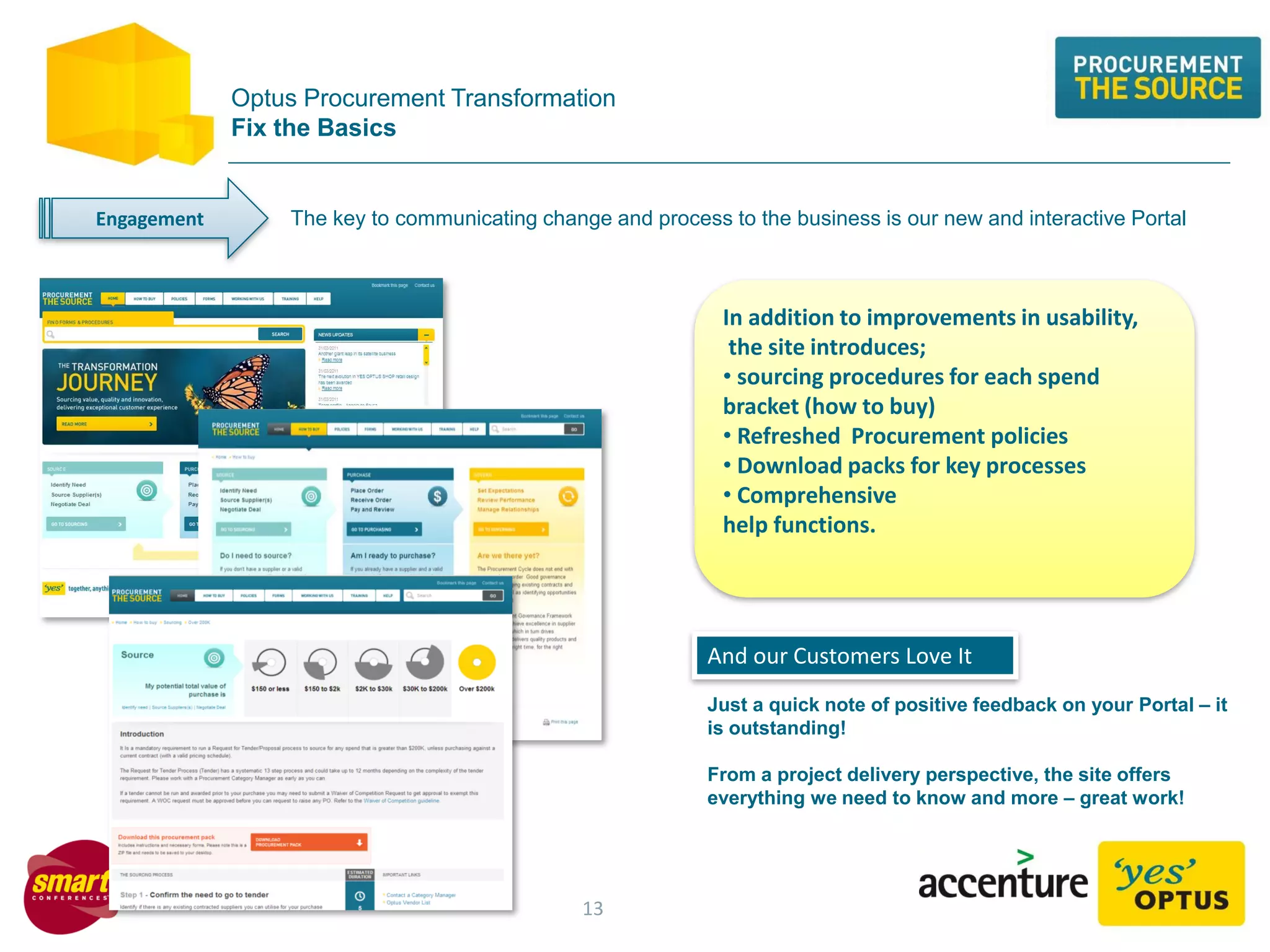 Optus Procurement Transformation
Fix the Basics
The key to communicating change and process to the business is our new and interactive Portal
Engagement
In addition to improvements in usability,
the site introduces;
• sourcing procedures for each spend
bracket (how to buy)
• Refreshed Procurement policies
• Download packs for key processes
• Comprehensive
help functions.
Just a quick note of positive feedback on your Portal – it
is outstanding!
From a project delivery perspective, the site offers
everything we need to know and more – great work!
And our Customers Love It
13
 