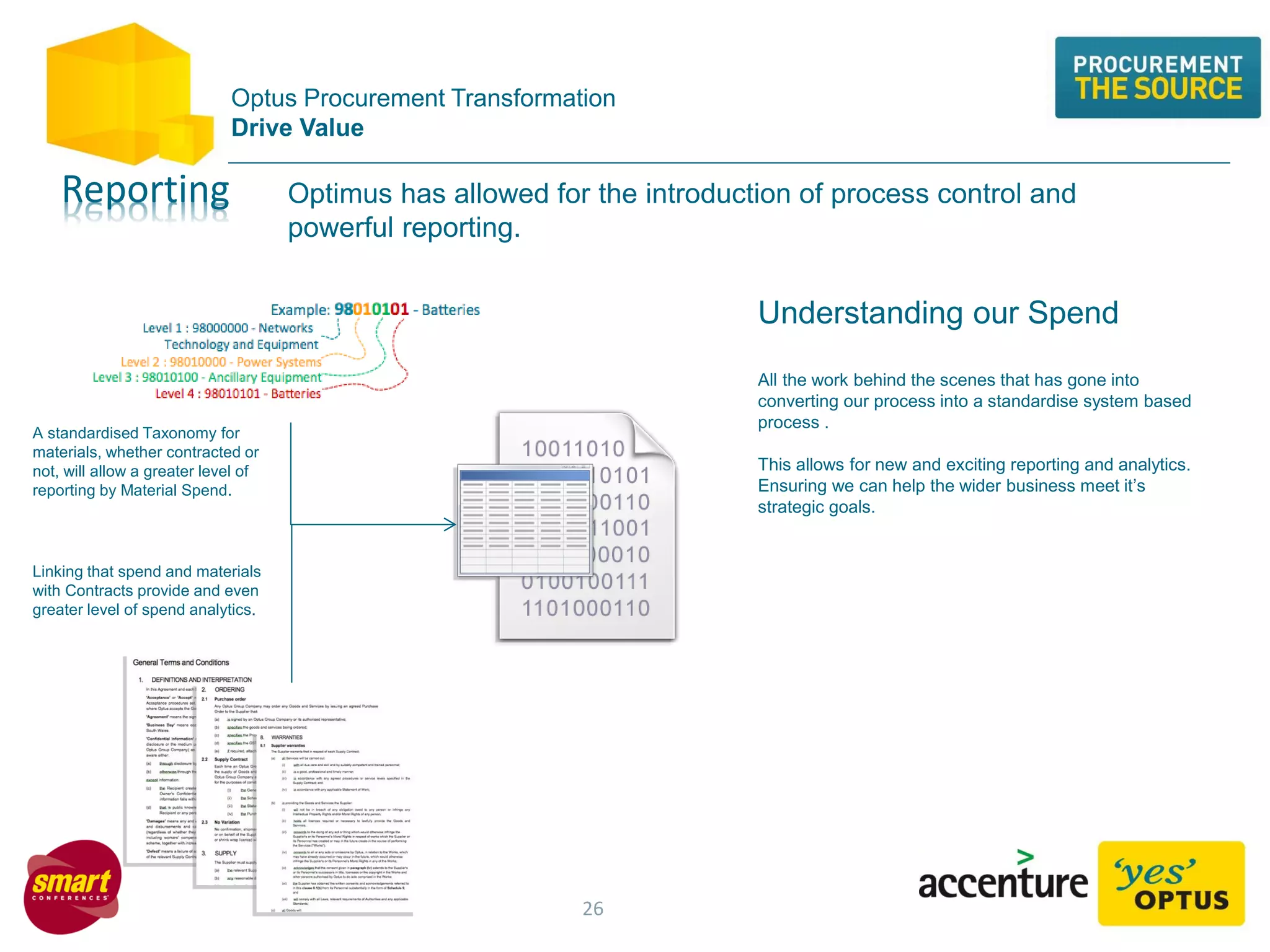 Optus Procurement Transformation
Drive Value
Optimus has allowed for the introduction of process control and
powerful reporting.
Reporting
Understanding our Spend
All the work behind the scenes that has gone into
converting our process into a standardise system based
process .
This allows for new and exciting reporting and analytics.
Ensuring we can help the wider business meet it’s
strategic goals.
A standardised Taxonomy for
materials, whether contracted or
not, will allow a greater level of
reporting by Material Spend.
Linking that spend and materials
with Contracts provide and even
greater level of spend analytics.
26
 