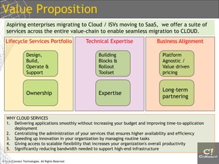 Value Proposition
   Aspiring enterprises migrating to Cloud / ISVs moving to SaaS, we offer a suite of
   services across the entire value-chain to enable seamless migration to CLOUD.
  Lifecycle Services Portfolio                     Technical Expertise         Business Alignment

                  Design,                               Building                  Platform
                  Build,                                Blocks &                  Agnostic /
                  Operate &                             Rollout                   Value driven
                  Support                               Toolset                   pricing


                                                                                  Long-term
                  Ownership                             Expertise
                                                                                  partnering


   WHY CLOUD SERVICES
   1. Delivering applications smoothly without increasing your budget and improving time-to-application
      deployment
   2. Centralizing the administration of your services that ensures higher availability and efficiency
   3. Speeding up innovation in your organization by managing routine tasks
   4. Giving access to scalable flexibility that increases your organization's overall productivity
   5. Significantly reducing bandwidth needed to support high-end infrastructure

© SmartConnect Technologies. All Rights Reserved
 
