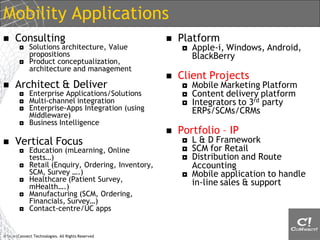 Mobility Applications
     Consulting                                        Platform
            Solutions architecture, Value                  Apple-i, Windows, Android,
             propositions                                    BlackBerry
            Product conceptualization,
             architecture and management
                                                        Client Projects
     Architect & Deliver                                   Mobile Marketing Platform
            Enterprise Applications/Solutions              Content delivery platform
            Multi-channel integration                      Integrators to 3rd party
            Enterprise-Apps Integration (using              ERPs/SCMs/CRMs
             Middleware)
            Business Intelligence
                                                        Portfolio – IP
     Vertical Focus                                        L & D Framework
            Education (mLearning, Online                   SCM for Retail
             tests…)                                        Distribution and Route
            Retail (Enquiry, Ordering, Inventory,           Accounting
             SCM, Survey ….)                                Mobile application to handle
            Healthcare (Patient Survey,                     in-line sales & support
             mHealth….)
            Manufacturing (SCM, Ordering,
             Financials, Survey…)
            Contact-centre/UC apps


© SmartConnect Technologies. All Rights Reserved
 