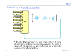 © 2010 IBM Corporation21
A Smarter City is considered to be a single system with many
interconnecting and interdependent s...