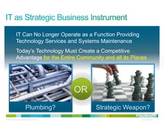 IT Can No Longer Operate as a Function Providing
                 Technology Services and Systems Maintenance
                 Today’s Technology Must Create a Competitive
                 Advantage for the Entire Community and all its Places




                                                           OR
                                  Plumbing?                     Strategic Weapon?
                                                                            #CiscoSmartTO
© 2010 Cisco and/or its affiliates. All rights reserved.                       Cisco Confidential   19
 