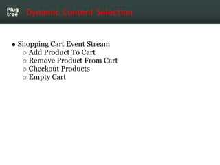 Dynamic Content Selection


Shopping Cart Event Stream
   Add Product To Cart
   Remove Product From Cart
   Checkout Prod...