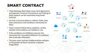 SMART CONTRACT
• Ticket Booking, Real Estate Lease, Rent Agreement
and payment, Financial Transactions and Trading all
these systems can be automized using Smart
Contract.
• Let it be a Currency Note or a Movie Ticket, they
have some terms and conditions mentioned on
them.
• Smart contract follow these condition, verifies
whether the conditions are fulfilled or not.
• If the conditions are fulfilled it executes the
instruction for successful fulfillment of conditions
else it executes otherwise.
• The pace smart contract implementation will give
to the growth of these industries is beyond
imagination.