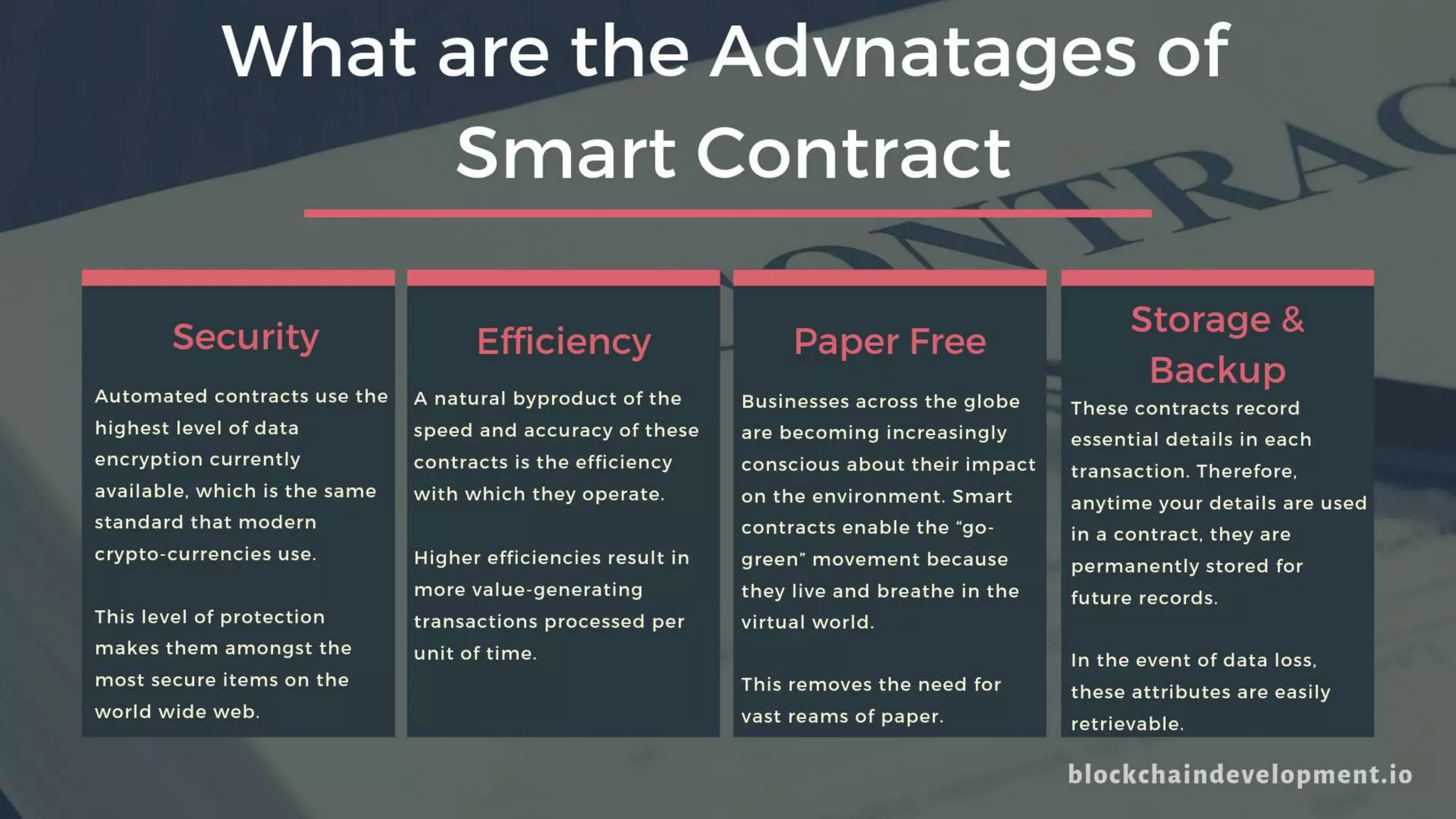 Automated contracts use the
highest level of data
encryption currently
available, which is the same
standard that modern
crypto-currencies use.
This level of protection
makes them amongst the
most secure items on the
world wide web.
A natural byproduct of the
speed and accuracy of these
contracts is the efficiency
with which they operate.
Higher efficiencies result in
more value-generating
transactions processed per
unit of time.
Businesses across the globe
are becoming increasingly
conscious about their impact
on the environment. Smart
contracts enable the “go-
green” movement because
they live and breathe in the
virtual world.
This removes the need for
vast reams of paper.
These contracts record
essential details in each
transaction. Therefore,
anytime your details are used
in a contract, they are
permanently stored for
future records.
In the event of data loss,
these attributes are easily
retrievable.
What are the Advnatages of
Smart Contract
Security Efficiency Paper Free
Storage &
Backup
 