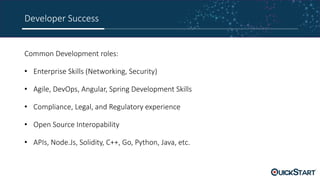 Developer Success
Common Development roles:
• Enterprise Skills (Networking, Security)
• Agile, DevOps, Angular, Spring Development Skills
• Compliance, Legal, and Regulatory experience
• Open Source Interopability
• APIs, Node.Js, Solidity, C++, Go, Python, Java, etc.
 