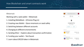 How Blockchain and smart contracts work
Metamask
Working with a web wallet – Metamask
1. Installing MetaMask – (Chrome Plug-in)
2. Creating new Wallet – Store mnemonic or seed safely
3. Switching between different accounts
4. Changing to different environments
5. Sending Ether – Explore about transaction confirmation
6. Funding your wallet – Test faucet
7. Learn about ERC20 token in Metamask
 