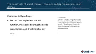 The constructs of smart contract, common coding requirements and
demos
Chaincode in Hyperledger
 We can then implement the init
function. Init is called during chaincode
instantiation, and it will initialize any
data.
Chaincode:
// Init is called during chaincode
instantiation to initialize any data.
func (t *SimpleAsset) Init(stub
shim.ChaincodeStubInterface)
peer.Response
{
}
 