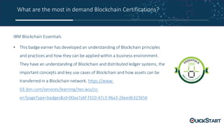 What are the most in demand Blockchain Certifications?
IBM Blockchain Essentials
• This badge earner has developed an understanding of Blockchain principles
and practices and how they can be applied within a business environment.
They have an understanding of Blockchain and distributed ledger systems, the
important concepts and key use cases of Blockchain and how assets can be
transferred in a Blockchain network. https://www-
03.ibm.com/services/learning/ites.wss/zz-
en?pageType=badges&id=00aa7abf-f310-47c3-96a3-26eedb323b56
 