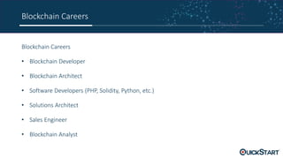 Blockchain Careers
Blockchain Careers
• Blockchain Developer
• Blockchain Architect
• Software Developers (PHP, Solidity, Python, etc.)
• Solutions Architect
• Sales Engineer
• Blockchain Analyst
 