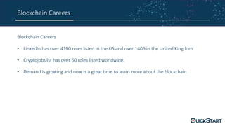 Blockchain Careers
Blockchain Careers
• LinkedIn has over 4100 roles listed in the US and over 1406 in the United Kingdom
• Cryptojobslist has over 60 roles listed worldwide.
• Demand is growing and now is a great time to learn more about the blockchain.
 