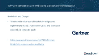 Why are companies are embracing Blockchain technologies?
Blockchain and Change
• The business value-add of blockchain will grow to
slightly more than $176 billion by 2025, and then it will
exceed $3.1 trillion by 2030.
• https://www.gartner.com/doc/3627117/forecast-
blockchain-business-value-worldwide
 