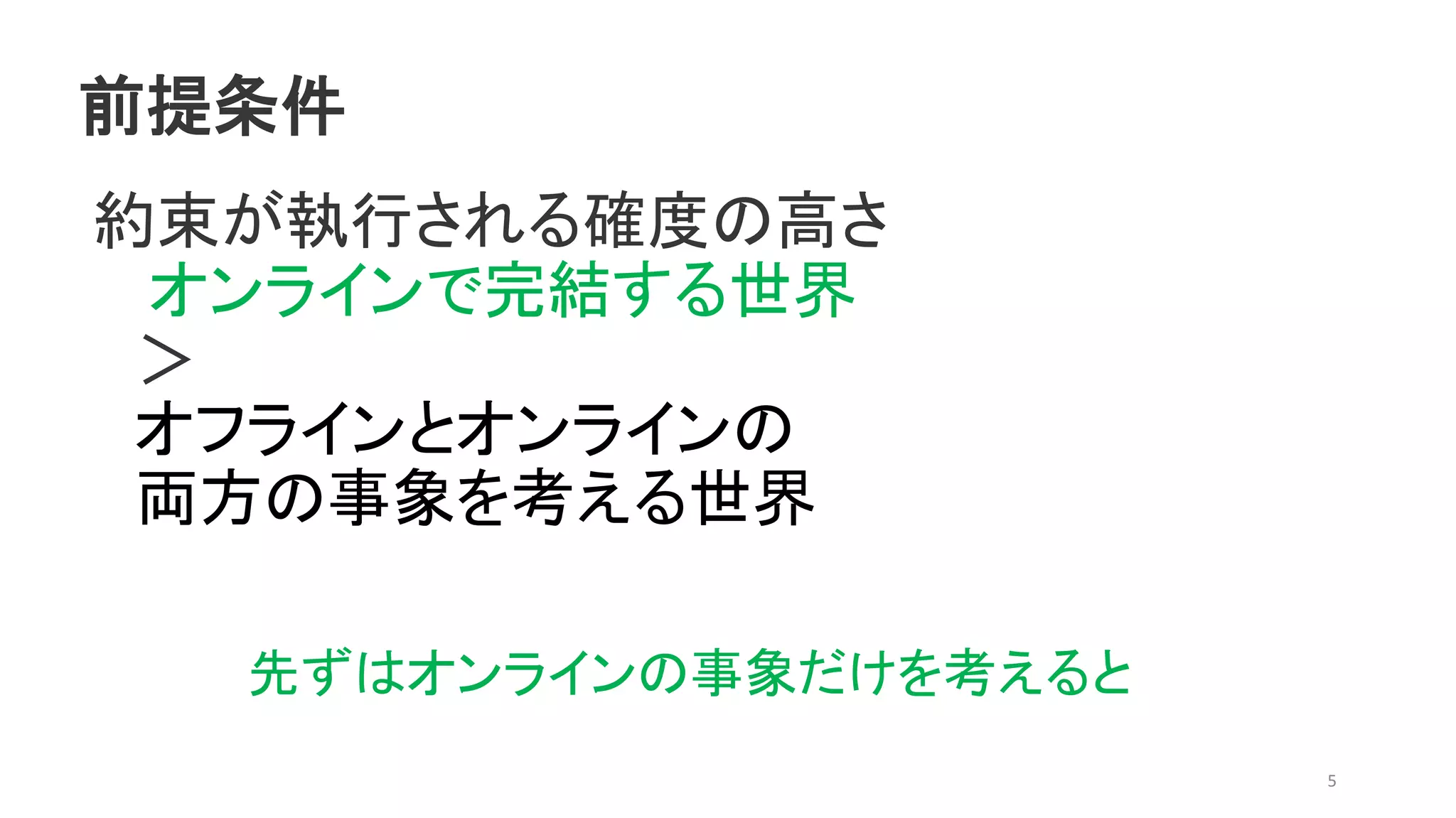 前提条件
約束が執行される確度の高さ
オンラインで完結する世界
＞
オフラインとオンラインの
両方の事象を考える世界
5
先ずはオンラインの事象だけを考えると
 