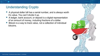 Smart Contracts - The Blockchain Beyond Bitcoin – Jim McKeeth
Understanding Crypto
▪ A physical dollar bill has a serial number, and is always worth
it’s value. You can’t divide it up.
▪ A ledger, bank account, or deposit is a digital representation
of an amount of money, including fractions of a dollar.
▪ Bitcoin is a way to track value, not a collection of individual
bitcoins.
 