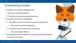 Smart Contracts - The Blockchain Beyond Bitcoin – Jim McKeeth
Understanding Wallets
▪ A wallet is a asymmetric cryptographic key
▪ Public key is the wallet address
▪ Private key is the part you keep secret & safe
▪ Two types: Hot (online) vs Cold (offline)
▪ Hot wallet’s are more convenient, but can be compromised
▪ Very popular hot wallet: metamask.io
▪ Cold wallet is less convenient, but more secure
▪ Like an encrypted USB drive
▪ Exchanges also offer hot wallets, but then they control the secret key
and are even more risky
 