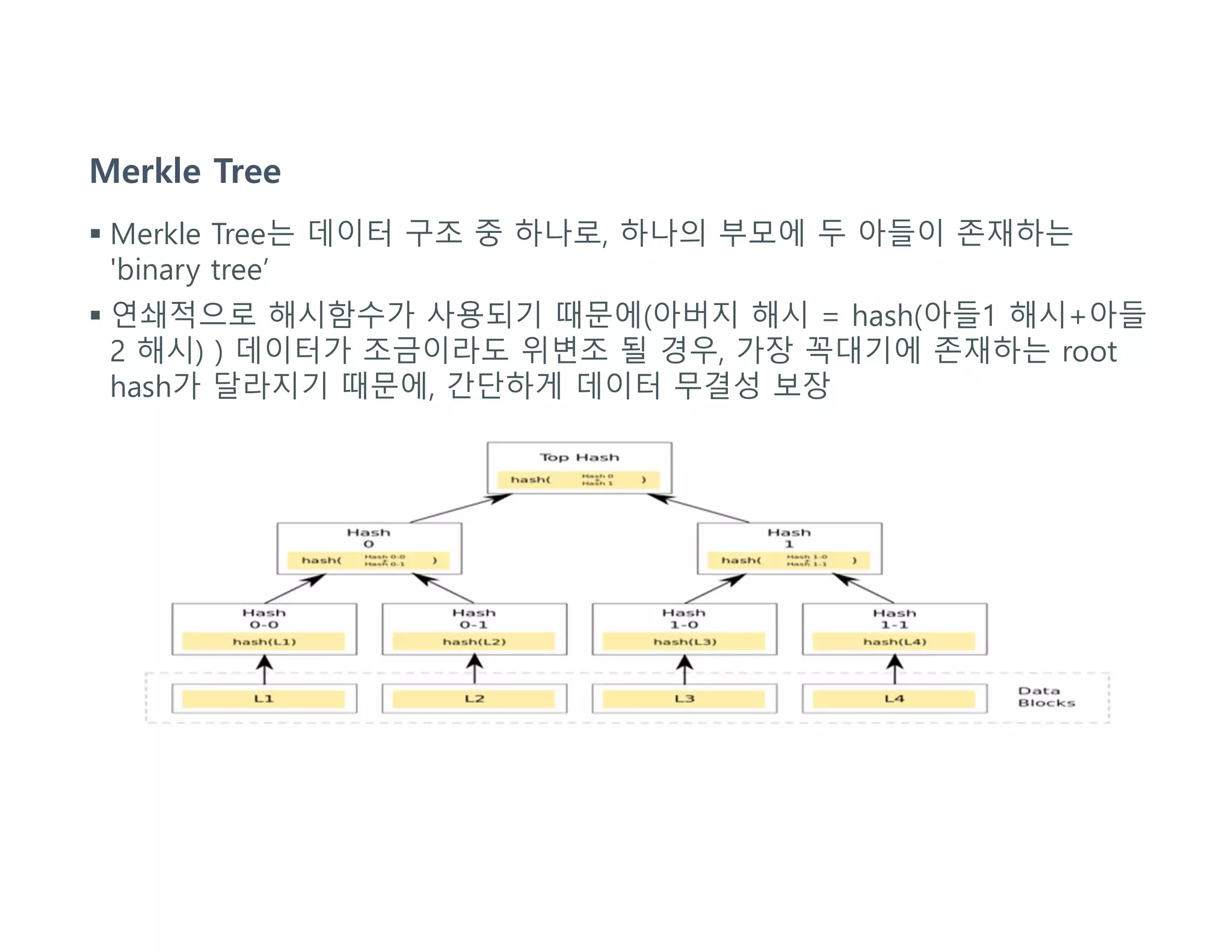 Merkle Tree
 Merkle Tree는 데이터 구조 중 하나로, 하나의 부모에 두 아들이 존재하는
'binary tree’
 연쇄적으로 해시함수가 사용되기 때문에(아버지 해시 = hash(아들1 해시+아들
2 해시) ) 데이터가 조금이라도 위변조 될 경우, 가장 꼭대기에 존재하는 root
hash가 달라지기 때문에, 간단하게 데이터 무결성 보장
 