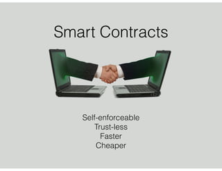 Smart Contracts
Self-enforceable
Trust-less
Faster
Cheaper
 