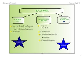 El_cos_huma­1. 
notebook 
3 
November 17, 2014 
EL COS HUMÀ 
· Retallable 
INDEX 
EL NOSTRE 
COS 
EL NOSTRE COS 
PER DINS 
LA SALUT I 
L'ALIMENTACIÓ 
Les parts del nostre cos 
(Les imatges pertanyen al bloc 
http://dianaeduca.blogspot.com) 
Activitats 
L'esquelet 
Els músculs 
L'aparell respiratori 
L'aparell digestiu 
AVALUACIÓ 
Fitxes per 
imprimir 
· Activitats 
 
