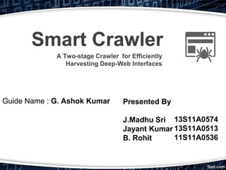 Smart Crawler
A Two-stage Crawler for Efficiently
Harvesting Deep-Web Interfaces
Guide Name : G. Ashok Kumar Presented By
J.Madhu Sri
Jayant Kumar
B. Rohit
13S11A0574
13S11A0513
11S11A0536
 