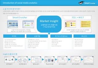 Introduction of social media analytics
소셜 미디어 분석이란?
스마트크런쳐 소셜미디어분석 서비스는 온라인과 SNS채널 상의 버즈를 수집 및 감성분석을 통해 한국의 소비자 트랜드를 파악하여 ...