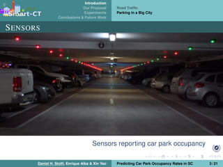 Introduction
Our Proposal
Experiments
Conclusions & Future Work
Road Trafﬁc
Parking in a Big City
SENSORS
Sensors reporting car park occupancy
Daniel H. Stolﬁ, Enrique Alba & Xin Yao Predicting Car Park Occupancy Rates in SC 3 / 21
 