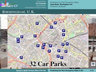 Introduction
Our Proposal
Experiments
Conclusions & Future Work
Predicting Car Park Occupancy Rates
Case Study: Birmingham U.K.
Predictors Analyzed
BIRMINGHAM, U.K.
32 Car Parks32 Car Parks
Daniel H. Stolﬁ, Enrique Alba & Xin Yao Predicting Car Park Occupancy Rates in SC 5 / 21
 