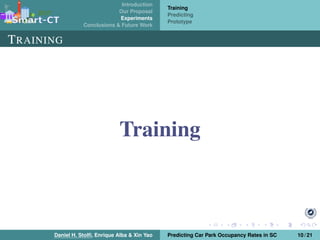 Introduction
Our Proposal
Experiments
Conclusions & Future Work
Training
Predicting
Prototype
TRAINING
Training
Daniel H. Stolﬁ, Enrique Alba & Xin Yao Predicting Car Park Occupancy Rates in SC 10 / 21
 
