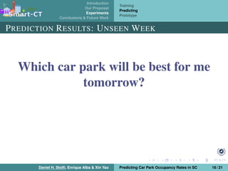 Introduction
Our Proposal
Experiments
Conclusions & Future Work
Training
Predicting
Prototype
PREDICTION RESULTS: UNSEEN WEEK
Which car park will be best for me
tomorrow?
Daniel H. Stolﬁ, Enrique Alba & Xin Yao Predicting Car Park Occupancy Rates in SC 16 / 21
 