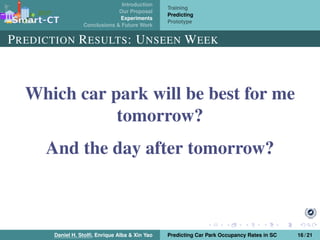 Introduction
Our Proposal
Experiments
Conclusions & Future Work
Training
Predicting
Prototype
PREDICTION RESULTS: UNSEEN WEEK
Which car park will be best for me
tomorrow?
And the day after tomorrow?
Daniel H. Stolﬁ, Enrique Alba & Xin Yao Predicting Car Park Occupancy Rates in SC 16 / 21
 