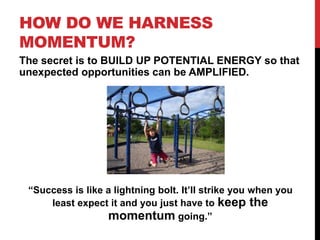 The secret is to BUILD UP POTENTIAL ENERGY so that
unexpected opportunities can be AMPLIFIED.
“Success is like a lightning...