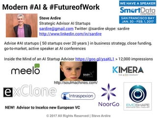 © 2017 All Rights Reserved | Steve Ardire
Modern #AI & #FutureofWork
Steve Ardire
Strategic Advisor AI Startups
sardire@gmail.com Twitter: @sardire skype: sardire
http://www.linkedin.com/in/sardire
Advise #AI startups ( 50 startups over 20 years ) in business strategy, close funding,
go-to-market, active speaker at AI conferences
Inside the Mind of an AI Startup Advisor https://goo.gl/ysaKL1 > 12,000 impressions
xClone
http://soulmachines.com/
NEW! Advisor to Incelco new European VC
 