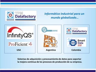 Informática Industrial para un
                               mundo globalizado…




USA                        Argentina                Colombia


Sistemas de adquisición y procesamiento de datos para soportar
la mejora continua de los procesos de producción de su empresa.
 