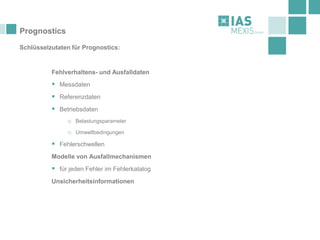 Prognostics
Schlüsselzutaten für Prognostics:
Fehlverhaltens- und Ausfalldaten
▪ Messdaten
▪ Referenzdaten
▪ Betriebsdaten
o Belastungsparameter
o Umweltbedingungen
▪ Fehlerschwellen
Modelle von Ausfallmechanismen
▪ für jeden Fehler im Fehlerkatalog
Unsicherheitsinformationen
 