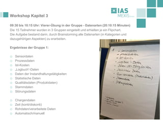 Workshop Kapitel 3
09:30 bis 10:15 Uhr: Vierer-Übung in der Gruppe - Datenarten (20:10:15 Minuten)
Die 15 Teilnehmer wurden in 3 Gruppen eingeteilt und erhielten je ein Flipchart.
Die Aufgabe bestand darin, durch Brainstorming alle Datenarten (in Kategorien und
dazugehörigen Aspekten) zu erarbeiten.
Ergebnisse der Gruppe 1:
o Sensordaten
o Prozessdaten
o Ist-Kosten
o „Logbuch“-Daten
o Daten der Instandhaltungstätigkeiten
o Statistische Daten
o Qualitätsdaten (Produktdaten)
o Stammdaten
o Störungsdaten
o Chargendaten
o Zeit (konti/diskonti)
o Rohdaten/verarbeitete Daten
o Automatisch/manuell
 