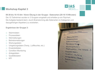Workshop Kapitel 3
09:30 bis 10:15 Uhr: Vierer-Übung in der Gruppe - Datenarten (20:10:15 Minuten)
Die 15 Teilnehmer wurden in 3 Gruppen eingeteilt und erhielten je ein Flipchart.
Die Aufgabe bestand darin, durch Brainstorming alle Datenarten (in Kategorien und
dazugehörigen Aspekten) zu erarbeiten.
Ergebnisse der Gruppe 3:
o Stammdaten
o Prozessdaten
o Störmeldungen
o Betriebsmeldungen
o Wartungsdaten
o Umgebungsdaten (Temp., Luftfeuchte, etc.)
o Ersatzteildaten
o Condition Monitoring
o Anlagedaten
o Qualitätsdaten
o KPI
 