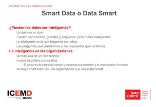 Smart Data: Hacia el uso inteligente de los datos
¿Pueden los datos ser inteligentes?
Un dato es un dato
Pueden ser muchos, grandes y pequeños, pero nunca inteligentes
Lo inteligente es lo que hagamos con ellos
Las preguntas que planteamos y las respuestas que recibimos
La inteligencia en las organizaciones
Va más allá de un reto técnico
Incluye la cultura corporativa
El conjunto de personas, reglas y procesos que permiten a la organización funcionar
No hay Smart Data sin una organización que sea Data Smart
Smart Data o Data Smart
 