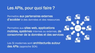 Les APIs, pour quoi faire ?
Permettre aux partenaires externes
d’accéder à des données et des ressources
Permettre aux sites web, applications
mobiles, systèmes internes ou externes, de
consommer de la données et des services
Les SI modernes sont architecturés autour
des APIs (approche SOA)
SOA
 