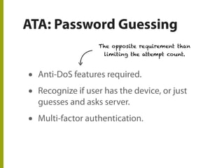 ATA: Password Guessing
• Anti-DoS features required.
• Recognize if user has the device, or just
guesses and asks server.
• Multi-factor authentication.
The opposite requirement than
limiting the attempt count.
 