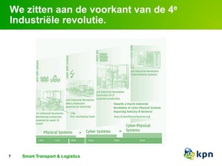 We zitten aan de voorkant van de 4e 
Industriële revolutie. 
Smmarrtt dTervaincseps otort s&m Laortg siysstitcesm s 
The Internet of Everything 7 > Connected by KPN 
 