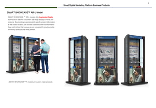 4
Smart Digital Marketing Platform Business Products
SMART SHOWCASE ™ AR-L models offer Augmented Reality
techniques in batches consistent with large display screens and
products. By providing customers with specific product information
at the correct location, we provide customers with the information
they want without the inconvenience, compared to existing reality-
enhancing products that wear glasses.
SMART SHOWCASE™ AR-L Model
SMART SHOWCASE™ P models are custom made products.
 