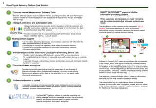 3
Intelligent slide show and authorization tools
Intelligent slide show format provides familiar descriptive content to customers, and
using the touch screen, customers can quickly navigate to the information they want
to view information about their products.
Provides innovative tools for customers to quickly find information about products
they are interested in without having to search.
Component-based editing tools
Provides component-based editing tools that make it easy to use a variety of
interactive software without professional knowledge. It provides simple editing
functions and advanced editing tools at the same time, so you can easily create
informative advertisements.
Artificial Intelligence-based Solutions and Cloud / Device Interlocking Service Tools
Real-time price information, QR Code, etc., enables O2O service interworking.
By using label printer and camera, it is possible to connect auxiliary devices for customer
support.
It provides AI-based voice synthesis function and provides convenient information transfer
function for customers.
Overlay content support
For informative advertising techniques, we provide our customers with information for
every purchase decision in a short time.
Provides pop-up content that captures a wide variety of customer attention.
Provides various customer interfaces for information retrieval and customer
information input of kiosk.
Customer Interest Measurement Software Tools
Provides software tools to measure customer interest, providing innovative SW tools that measure
customer interest and automatically record it in a database of cloud services that are provided for
free of charge.
Software embedded in content
It provides innovative technical services that enable intelligent customer service by
providing software-like contents creation functions for various customer needs and
feedback including interactive contents.
The time it takes for the customer to stay interested is 5 to 10
seconds. Informative advertising is a form of information
delivery that conveys information necessary for decision making
at once to speed up customer decision making.
When customers are interested, you need Informative
ads for context marketing that stimulate your purchase
needs.
SMART SHOWCASE™ supports intuitive,
informative advertising content.
1
2
3
4
5
6
Software In Content (SInC) refers to the software that is embedded
in the content, which is the active content that combines software
and content. This technology is based on software-based content.
For example, It provides a cheap and easy way to develop contents,
minimizes the OEM development cost and development period, and
creates powerful informative contents compared to existing contents
based on simple image and video only.
The PlatKOM™ platform software offers a variety of authorization
tools that you can write yourself or create on demand.
The authorization tool can create various forms of informative
contents by utilizing the basic information, images, texts and videos
of the exhibition products. PlatKOM™ platform software is available
for download at http://www.rndplus.com.
The PlatKOM ™ platform software is gradually expanding and
offering a variety of artificial intelligence services. We continuously
research and develop services based on speech synthesis,
customer recognition, and speech recognition.
Smart Digital Marketing Platform Core Solution
 