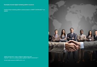 Examples of smart digital marketing platform solutions
Explains Smart marketing platform solutions based on SMART SHOWCASE™ are
applied.
SMART SHOWCASE™ refers to Platform's digital goods shelf.
PlatKOM™ refers to the software platform applied to SMART SHOWCASE™.
All other rights reserved to RNDPLUS Co., Ltd.
 