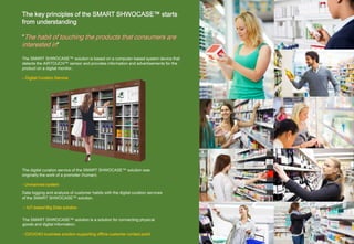 The key principles of the SMART SHWOCASE™ starts
from understanding
“The habit of touching the products that consumers are
interested in“
The SMART SHWOCASE™ solution is based on a computer-based system device that
detects the AIRTOUCH™ sensor and provides information and advertisements for the
product on a digital monitor..
– Digital Curation Service
The SMART SHWOCASE™ solution is a solution for connecting physical
goods and digital information.
- O2O/O4O business solution supporting offline customer contact point
The digital curation service of the SMART SHWOCASE™ solution was
originally the work of a promoter (human).
- Unmanned system
Data logging and analysis of customer habits with the digital curation services
of the SMART SHWOCASE™ solution.
– IoT-based Big Data solution
 