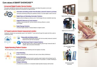 Unmanned Digital Curation Service Solution
IoT based customer interest measurement solution
Digital Marketing Platform Solution
The system identifies the products that the customers are interested in and allows the system to do its own
promotion and marketing, without the involvement of a sales promoter.
Customers' interests are automatically stored in the PlatKOM ™ cloud service through the system and then used as
marketing big data.
All products are available on a comparative digital specialty shopping mall business
Enables marketing for their customers who want to shop without interference.
It is possible to grasp the point at which a specific product needs to be purchased can be
generated, stimulate a purchase desire appropriate to the situation, or enable marketing to
promote purchase.
We are expanding to a solution suitable for current marketing trend and applied in the field.
Informative advertising solution that stimulates customer's desire to purchase
Digital Signage Solutoins
Digital MOT(Moment of Truth) Solutions
Untact Marketing
Digital Sales and Marketing Automation Solutions
Context Marketing
Category Marketing
Applied artificial intelligence solutions and IoT technologies that are constantly improving
A platform that provides MOT service solutions utilizing software in content
technologies
Innovative Digital Sanitation Solutions Based on Digital Content
Informative advertising editing and operations solution to provide digital curation services.
01
04
03
02
01
02
03
01 Measurable advertising solution
02 Big Data-based Data & Analysis Solutions
Cloud-based measurement solution that most accurately measures customer
interest and the ads that are exposed
Big data solution that is used as marketing data through measured data of
location, date, and product information
Digital shop-in-shop solution
Digital pop-up store solution
AR mode digital signage
solution
Solutions for digital
pamphlets
Core values of SMART SHOWCASE™
 